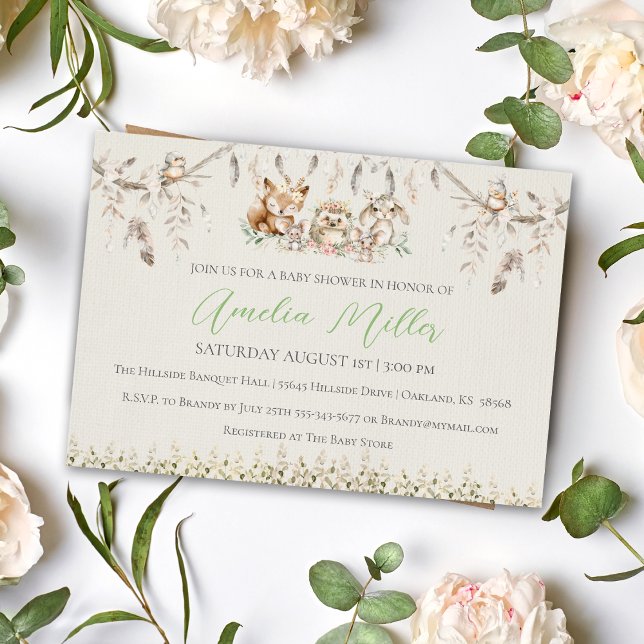 Boho Woodland Critters Baby Shower Invitation (Boho Forest Baby Woodland Animals Baby Shower Invitation)
