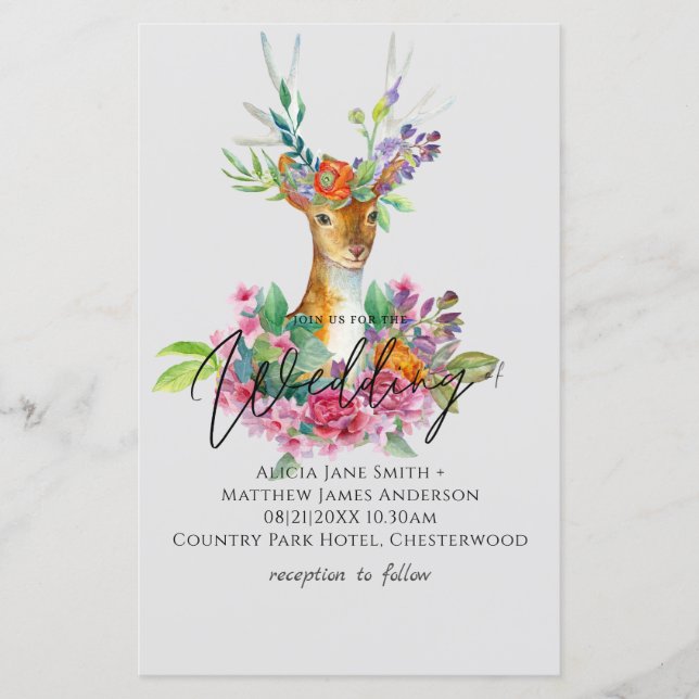 Boho Woodland Deer Floral Budget Wedding Invites (Front)