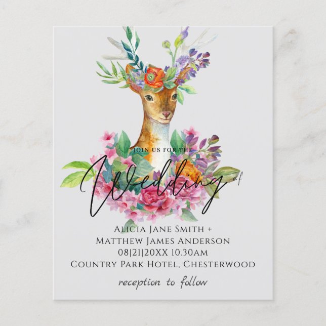 Boho Woodland Deer Floral Budget Wedding Invites Flyer (Front)