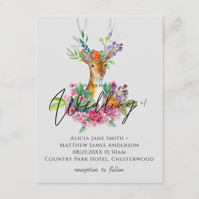 Boho Woodland Deer Floral Budget Wedding Invites Postcard (Front)