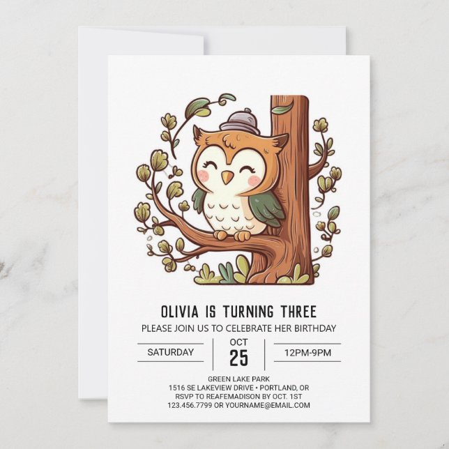 Boho Woodland Digital Owl Birthday Invitation (Front)