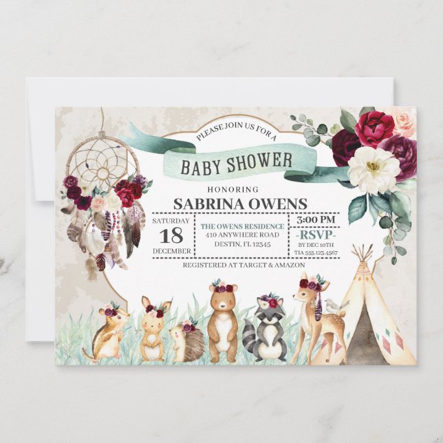 Boho Woodland Dreamcatcher Baby Shower Invitation (Front)