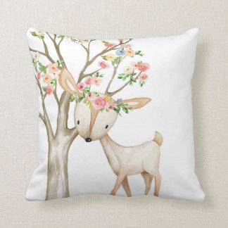 Boho Woodland Floral Deer Baby Girl Nursery Pillow