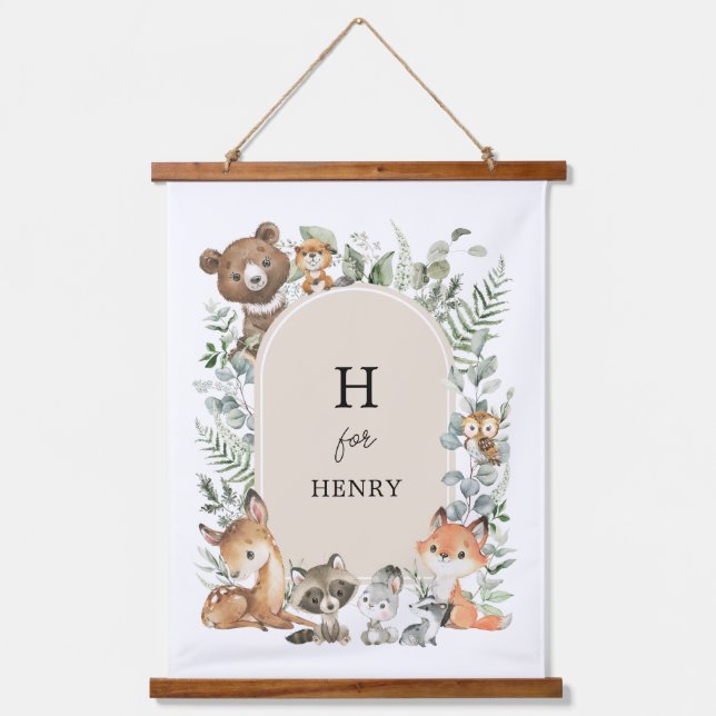 Boho Woodland Forest Animals Baby Monogram Hanging Tapestry (Front)
