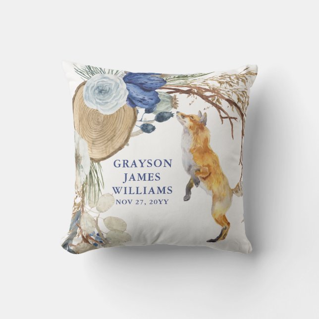 Boho Woodland Fox Floral Custom Name Throw Pillow (Front)