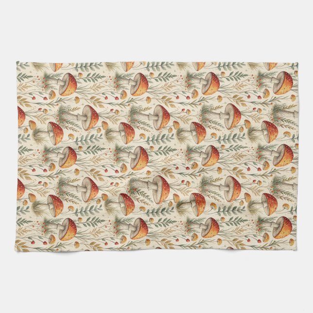 Boho Woodland Mushroom Pattern Kitchen Towel (Horizontal)