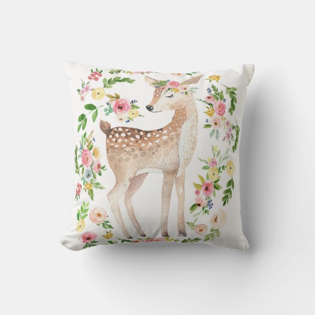 Boho Woodland Nursery Deer Watercolor Baby Pillow (Front)