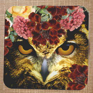 Boho woodland owl artistic vintage red pink flower square sticker