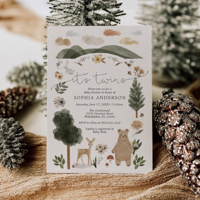 Boho Woodland Twins Baby Shower Invitation Card (Creator Uploaded)