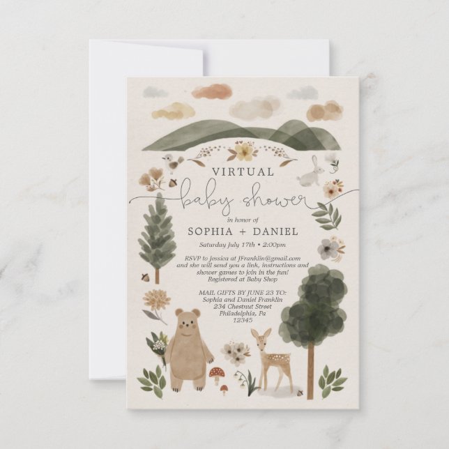 Boho Woodland Virtual Baby Shower Invitation Card (Front)