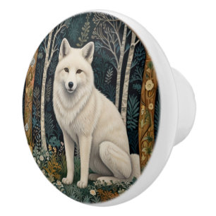 Boho woodland white fox ceramic knob