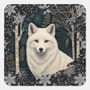 Boho woodland white fox sparkling snowflakes square sticker