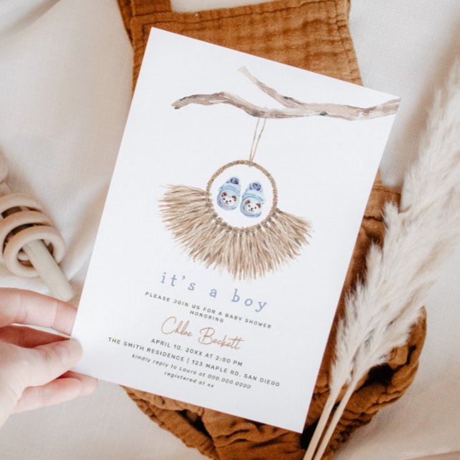 Boho Wreath Baby Boy Blue Tan Baby Shower Invitation (Creator Uploaded)