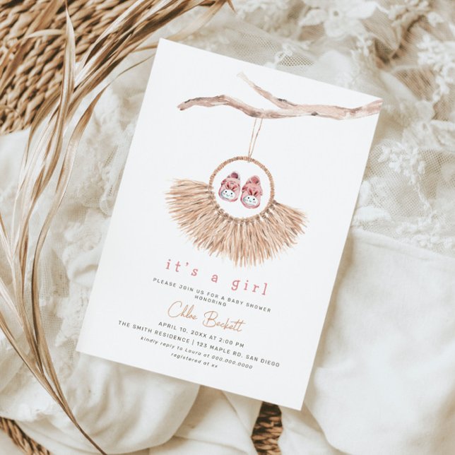 Boho Wreath Baby Girl Blush Tan Baby Shower Invitation (Creator Uploaded)