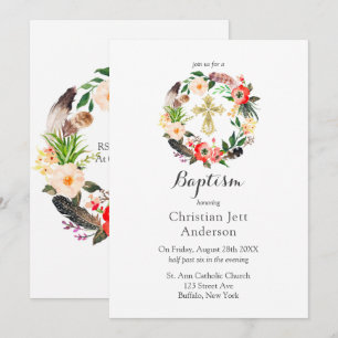 Boho Wreath Gold Cross Baptism Invitation