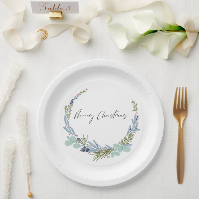 Boho Wreath Merry Christmas Modern Design Paper Plate (Wedding)