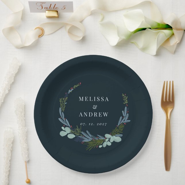 Boho Wreath on Dark Blue Wedding Design Paper Plate (Wedding)