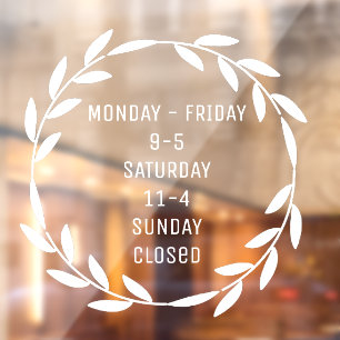 Boho Wreath Small Business Hours White Window Cling