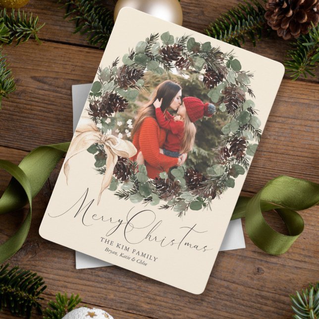 Boho Wreath with Bow Photo Christmas Holiday Card (Creator Uploaded)