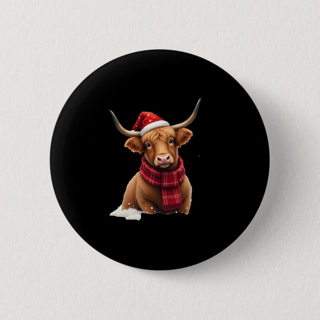 Boho Xmas Christmas Highland Cow T-Shirt (1) 2 Inch Round Button (Front)