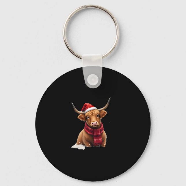 Boho Xmas Christmas Highland Cow T-Shirt (1) Keychain (Front)