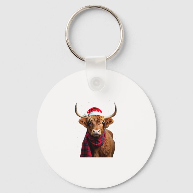 Boho Xmas Christmas Highland Cow T-Shirt (1) Keychain (Front)