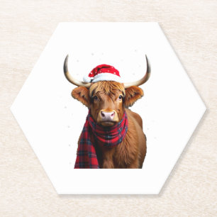 Boho Xmas Christmas Highland Cow T-Shirt (1) Paper Coaster