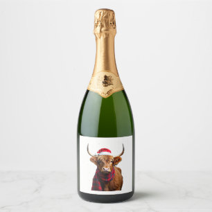 Boho Xmas Christmas Highland Cow T-Shirt (1) Sparkling Wine Label