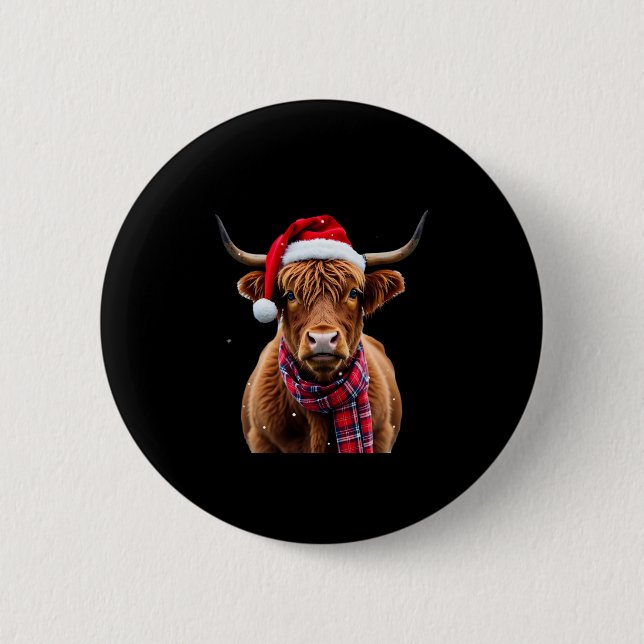 Boho Xmas Christmas Highland Cow T-Shirt (2) 2 Inch Round Button (Front)