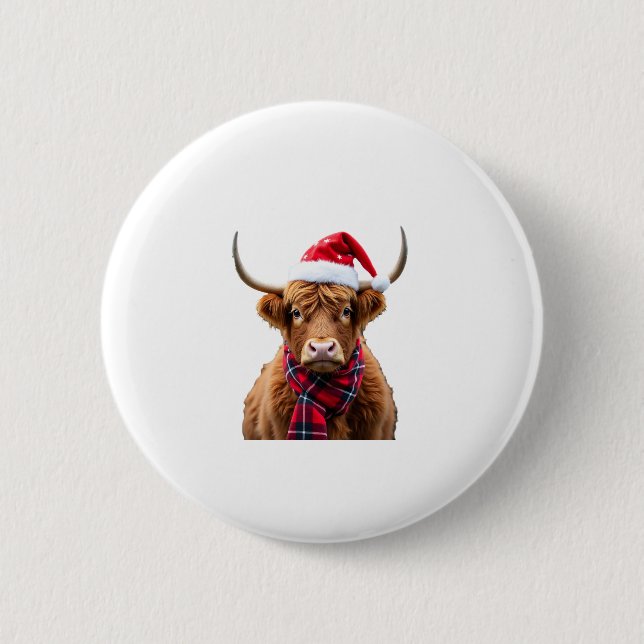 Boho Xmas Christmas Highland Cow T-Shirt (2) 2 Inch Round Button (Front)