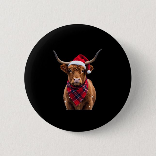 Boho Xmas Christmas Highland Cow T-Shirt 2 Inch Round Button (Front)