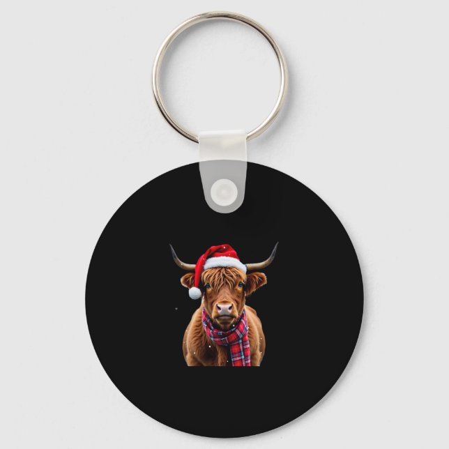 Boho Xmas Christmas Highland Cow T-Shirt (2) Keychain (Front)