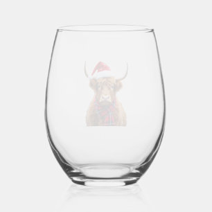 Boho Xmas Christmas Highland Cow T-Shirt (2) Stemless Wine Glass
