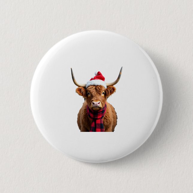 Boho Xmas Christmas Highland Cow T-Shirt (3) 2 Inch Round Button (Front)