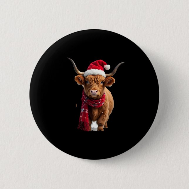 Boho Xmas Christmas Highland Cow T-Shirt (3) 2 Inch Round Button (Front)