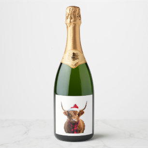 Boho Xmas Christmas Highland Cow T-Shirt (3) Sparkling Wine Label