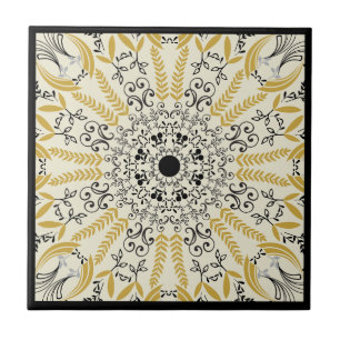 Boho yellow and black mandala design tile