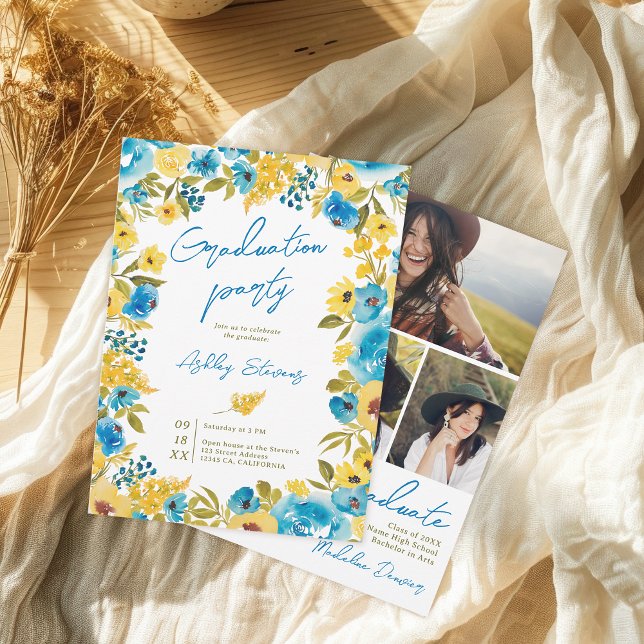 Boho Yellow and Blue Floral 3 Photo Graduation Invitation (Boho Yellow and Blue Floral 3 Photo Graduation Invitation)