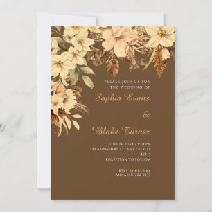 Boho Yellow Floral Autumn Dark Brown Wedding Invitation