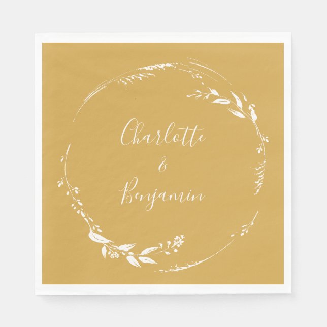 Boho Yellow Floral Wreath Calligraphy Personalized Napkin (Front)