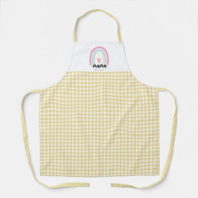 Boho Yellow Gingham Custom Mama Est. Year keepsake Apron (Front)