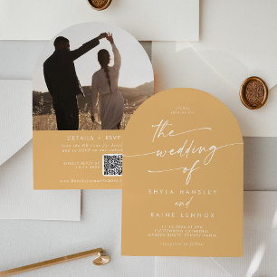 Boho Yellow Marigold Photo QR Code Arch Wedding Invitation