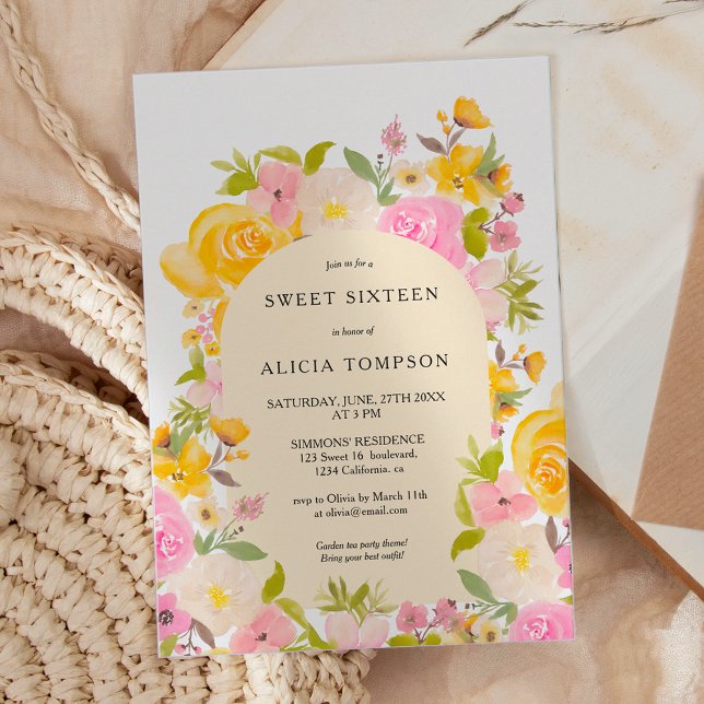 Boho Yellow pink floral arch chic Sweet 16 Invitation (Boho Yellow pink floral arch chic Sweet 16 Invitation)