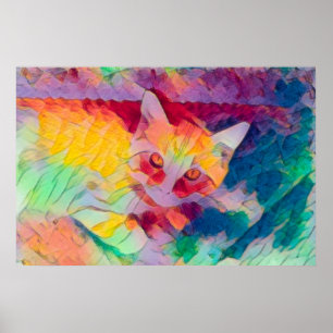 Boho Yellow Purple Blue Colourful Hippie Tabby Cat Poster