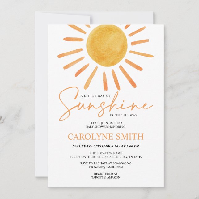 Boho Yellow Sunshine Watercolor Baby Shower Invitation (Front)