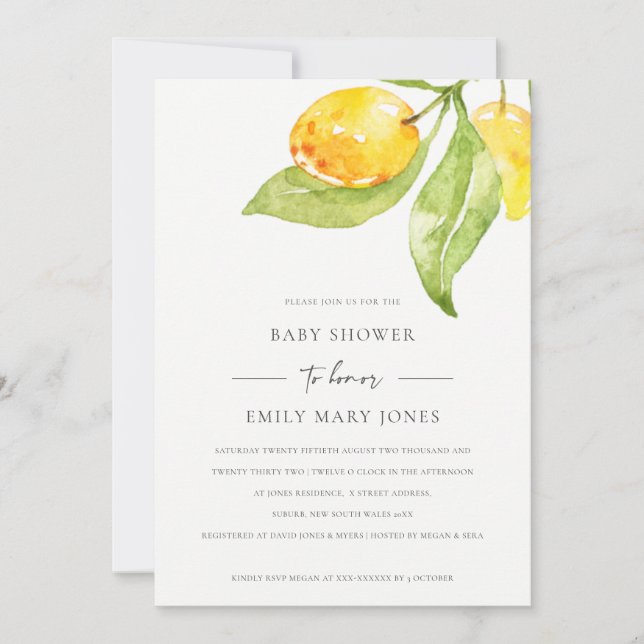 BOHO YELLOW WATERCOLOUR FOLIAGE OLIVE BABY SHOWER INVITATION (Front)
