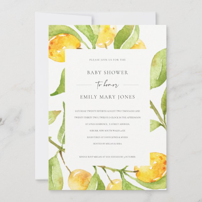BOHO YELLOW WATERCOLOUR FOLIAGE OLIVE BABY SHOWER INVITATION (Front)