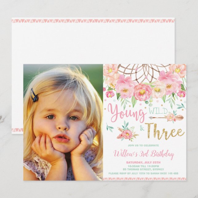 Boho Young Wild and Three 3rd Birthday Girl Photo Invitation (Front/Back)
