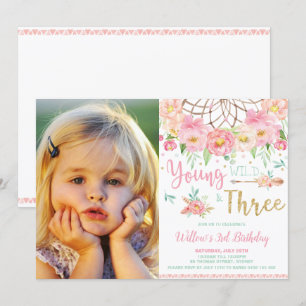 Boho Young Wild and Three 3rd Birthday Girl Photo Invitation