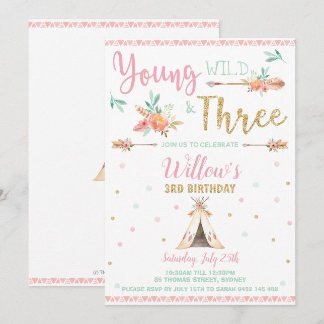 Boho Young Wild and Three 3rd Birthday Party Girl Invitation (Front/Back)